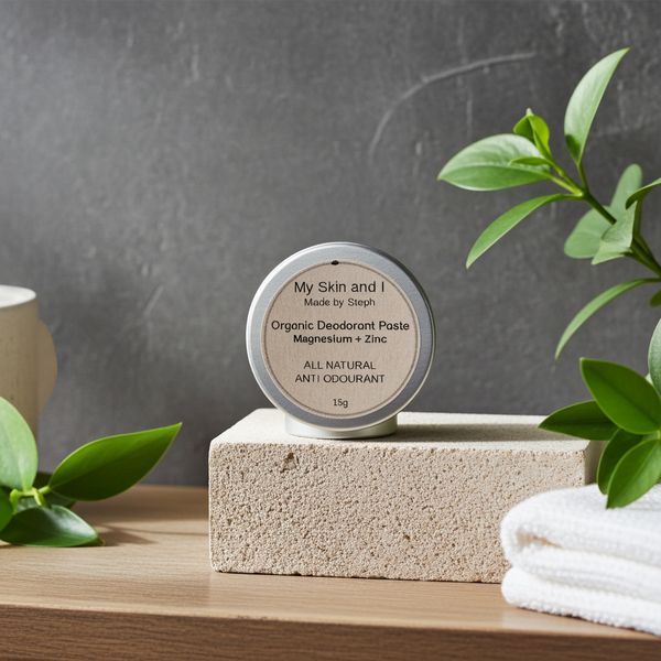 Organic deodorant paste container on a stone block with plants and towel in the background