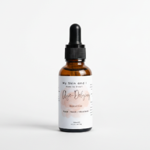 Skincare dropper bottle labeled 'My Skin and I' on a white background