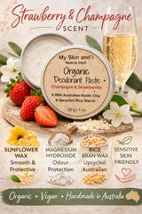 My Skin and I Organic Deodorant Paste with strawberries, champagne, and floral elements on a wooden board.