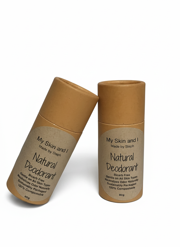 Two bottles of 'My Skin and I' natural deodorant on a white background