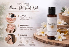 Monoi De Tahiti Oil bottle with usage instructions and flowers on a wooden board