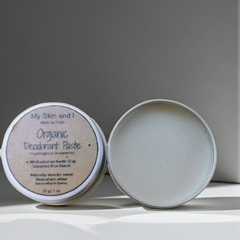Two tins of 'My Skin and I' Organic Deodorant Paste on a light surface with a neutral background.
