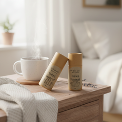 Two bottles of 'Natura Decorata' on a wooden table with a cup and blanket in a cozy room.