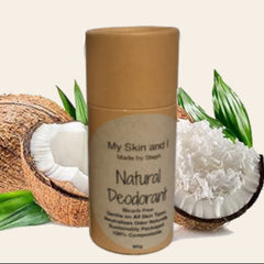 Natural deodorant bottle with coconut and flowers on a white background